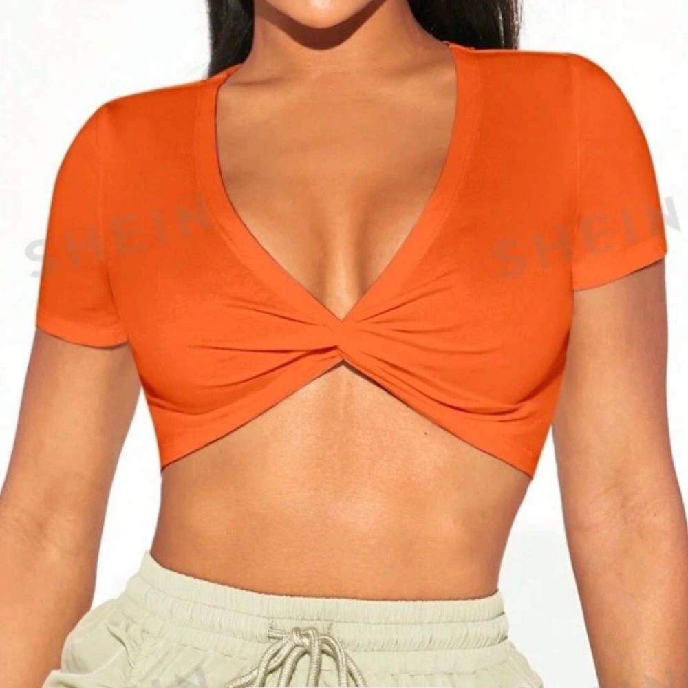 Solid Color Twist Front Cropped Short Sleeve Top